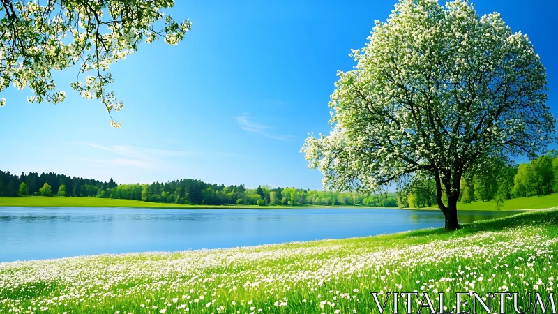 Spring bloom tree beside tranquil blue lakeside meadow.