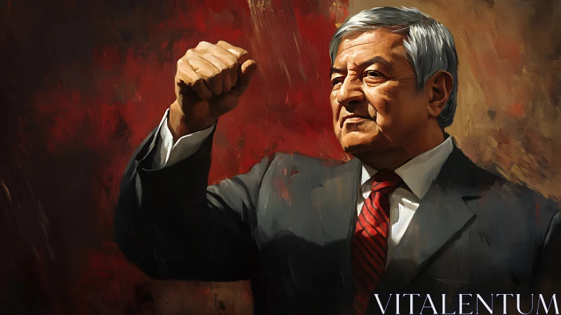 Elder statesman raises clenched fist before red brushwork background.