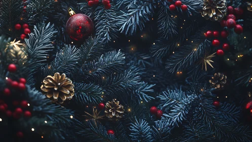 Frosted fir branches with red ornaments and gold pinecones in bokeh