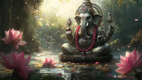 Ganesha statue seated in forest pond with pink lotus flowers.