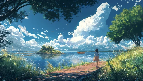 Sunlit lakeside path toward a distant dream-bright island.