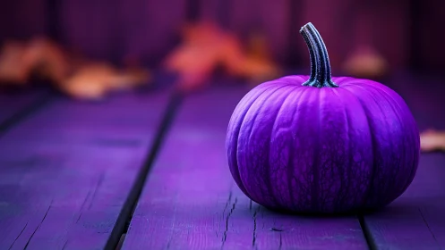 Purple pumpkin rests on painted wooden planks in focus