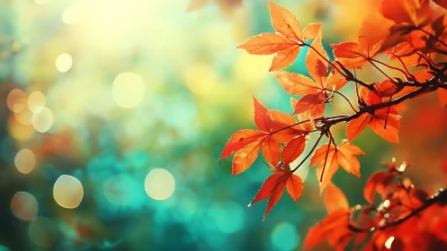 Red autumn leaves against bright teal bokeh background.