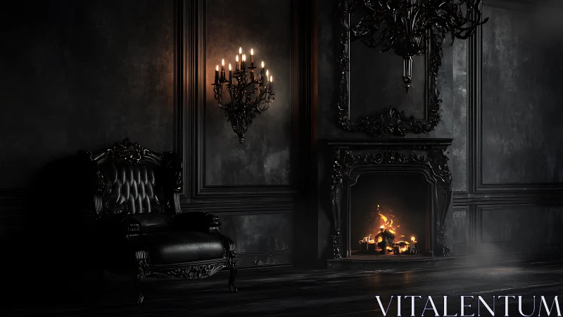 Velvet shadows guard a lone throne by a brooding fire