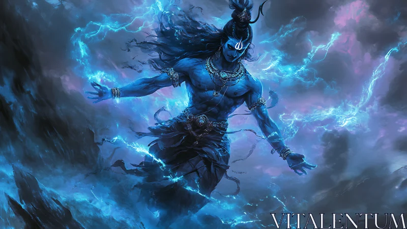 Storm-wreathed blue deity strides through crackling cosmos.