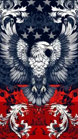 Bald eagle spreads wings over stylized stars and red scrollwork