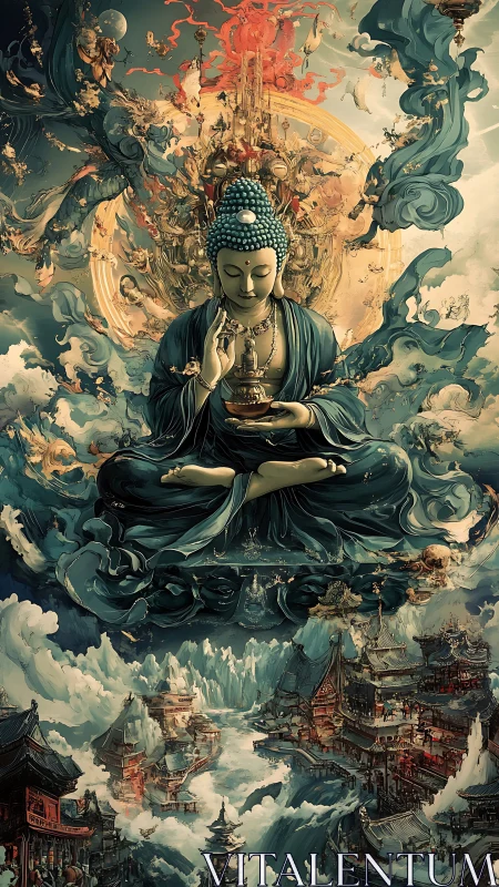 Celestial Buddha over mythic pagoda realm in ornate digital painting