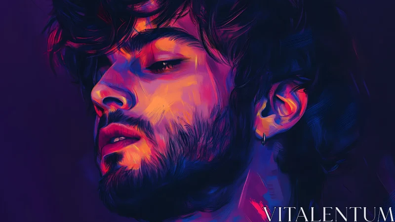 Neon-lit male portrait glows in expressive digital hues.