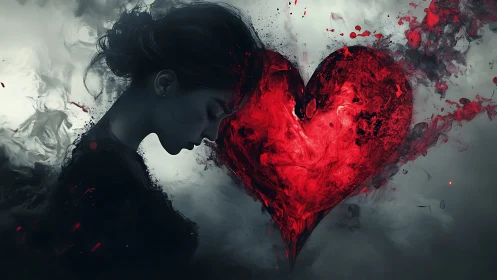 Silhouette Embracing Luminous Red Heart.