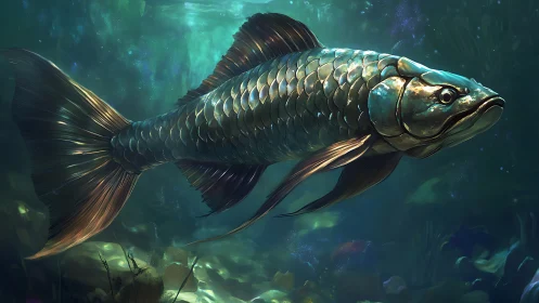 Iridescent freshwater fish rendered in luminous teal depths.