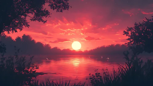 Crimson sunset reflects across tranquil forest lake horizon.