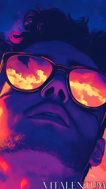 Neon gradient portrait with reflective sunglasses composition.
