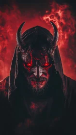 Infernal hooded demon portrait in dramatic red chiaroscuro.