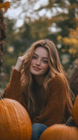 Portrait in autumnal pumpkin patch with shallow depth of field.