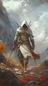 Lone hooded wanderer strides through wild mountain winds.