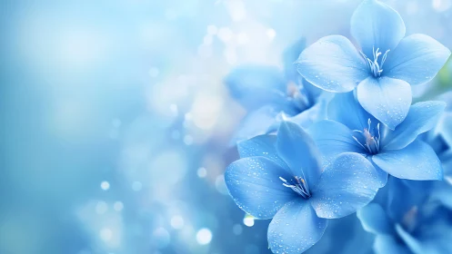 Delicate Blue Petals with Dew Drops Against Soft Focus Background.