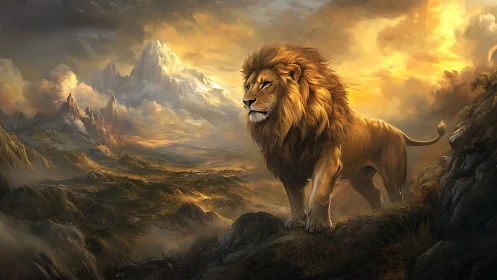 Lion stands on rocky ledge overlooking vast mountain valley