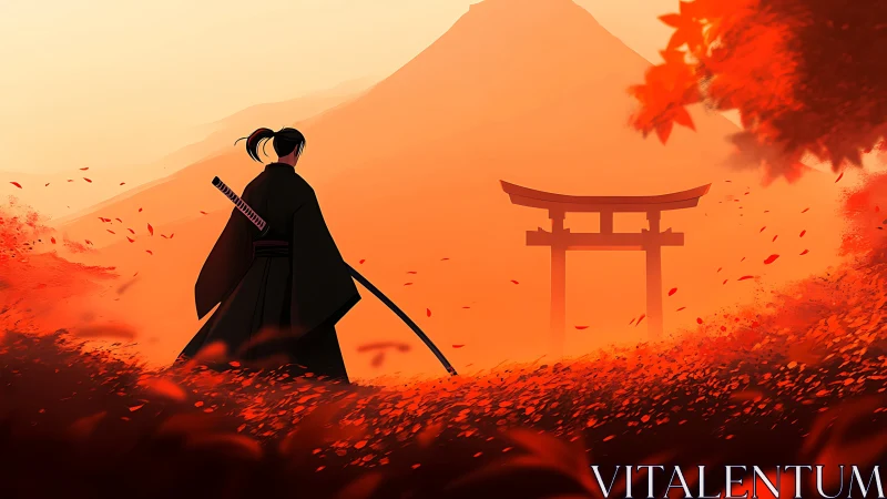 Samurai silhouette in vermilion autumn field before torii gate.