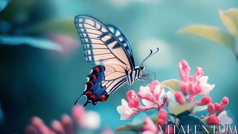 Macro digital study of butterfly on pastel florals in bokeh field.