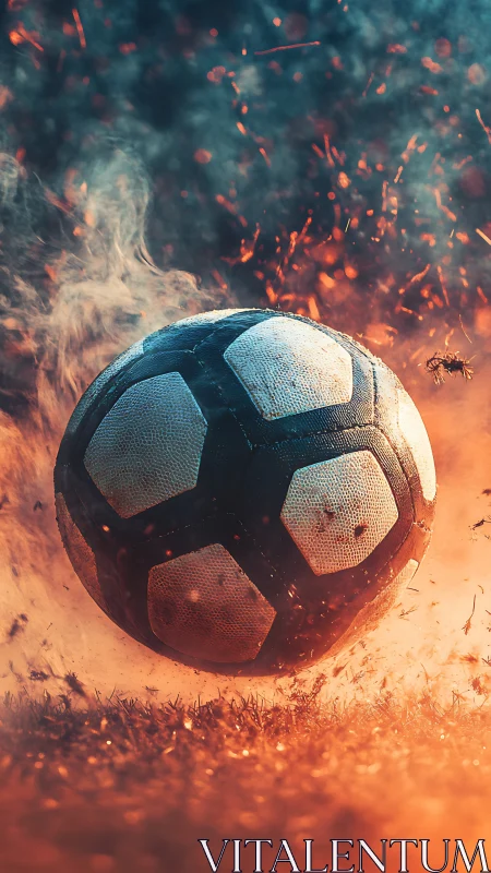 Fiery soccer ball slams into turf amid sparks and smoke.