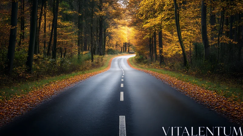 Curved Asphalt Path Through Golden Autumn Forest with Vanishing Point.