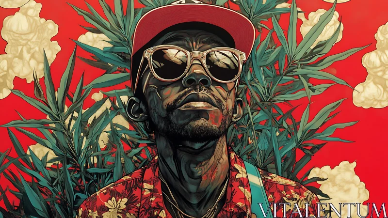 Sunlit swagger amid tropical leaves and bold red skies.