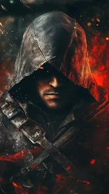 Hooded rogue emerges from burning shadows in brooding silence