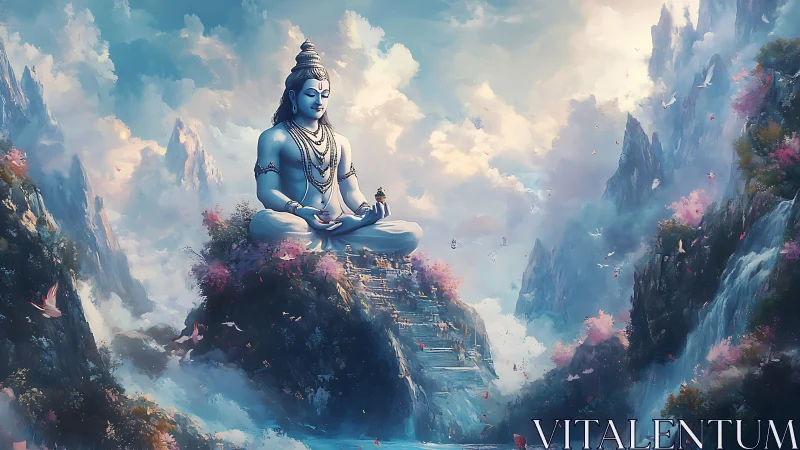 Colossal meditative deity seated above mist-laden Himalayan gorge