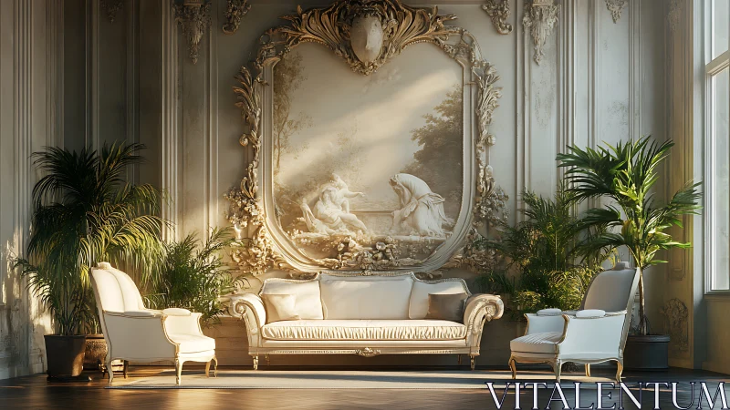 Neoclassical salon interior balances gilded relief and soft light