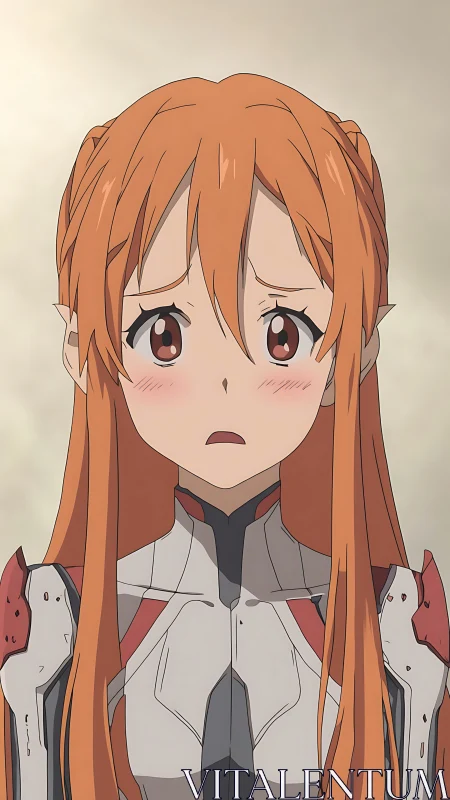 Anime pilot in white exosuit showing distressed expression front