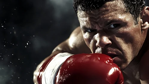 Athlete in boxing gloves shows determined expression with water droplets