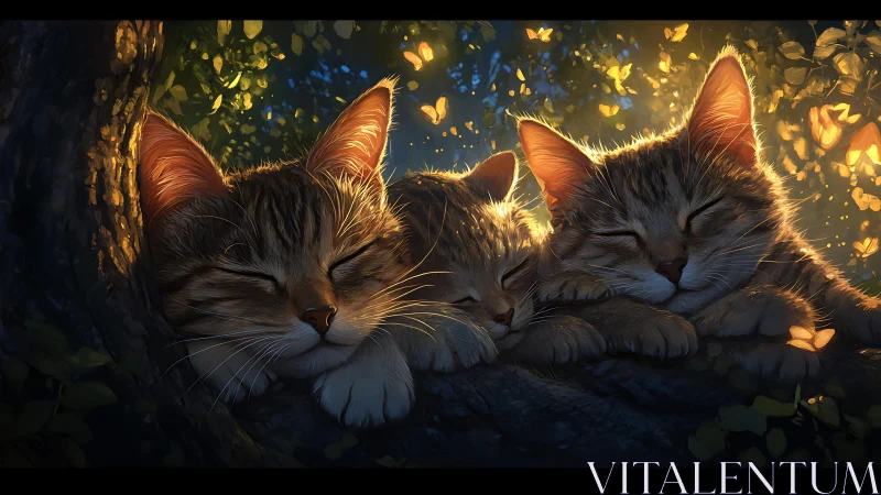 Three Cats Resting in Dappled Golden Sunlight.