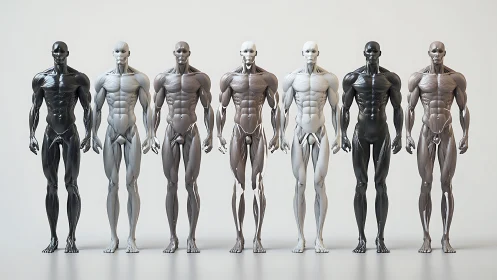 Parametric gradient lineup of hyperdefined muscular androids.