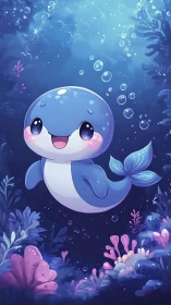 Cartoon aquatic creature in stylized coral reef scene.