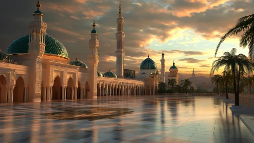 Sunlit mosque courtyard shows domes, minarets, and wet tiles