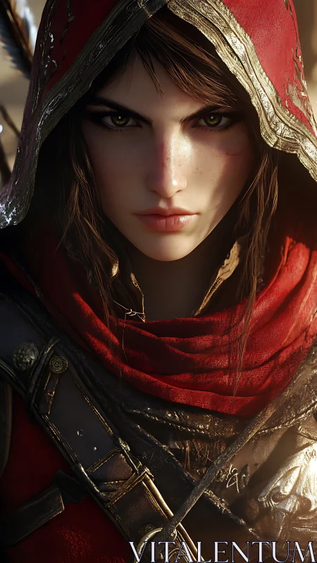 Hooded fantasy archer locks intense gaze in warm light.