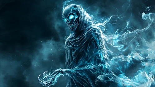 Spectral wraith emerges in swirling electric blue mist.