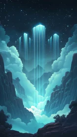 Vertical light columns over misted mountain valley at night.