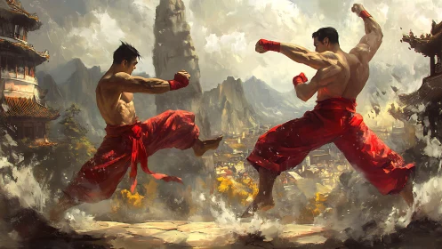 Two martial artists confront each other on a mountainous terrace