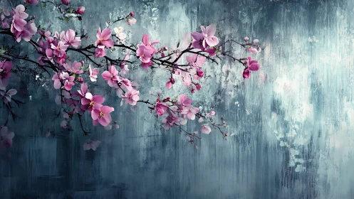 Blossom-laden branch quietly rewrites a stormy blue sky