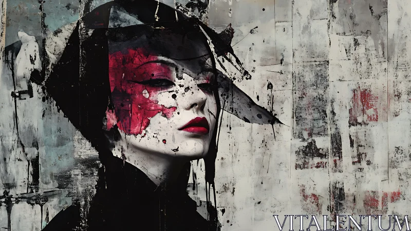 Abstract geisha portrait with splattered red mask detail.