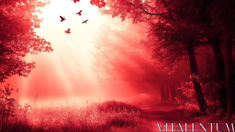 Red-toned forest path is illuminated by directional sunlight