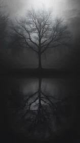Backlit leafless tree forms symmetrical reflection in misty water