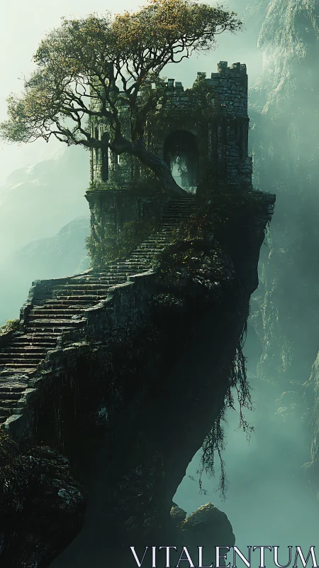 Cliffside ruined stone tower with staircase in dense mountain mist