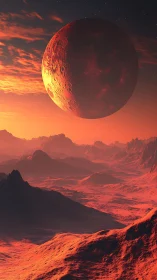 Crimson alien moon hangs above sunlit volcanic desert.