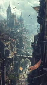 Bustling fantasy city street rises beneath stormy skies