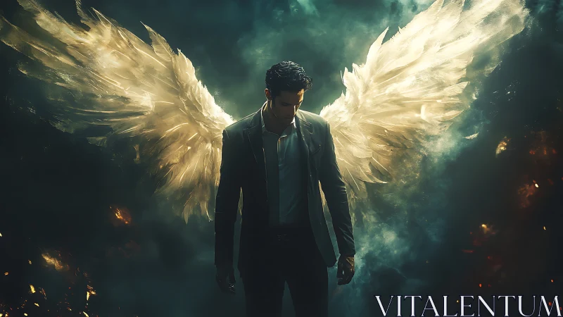 Winged male figure stands in suit amid luminous smoke