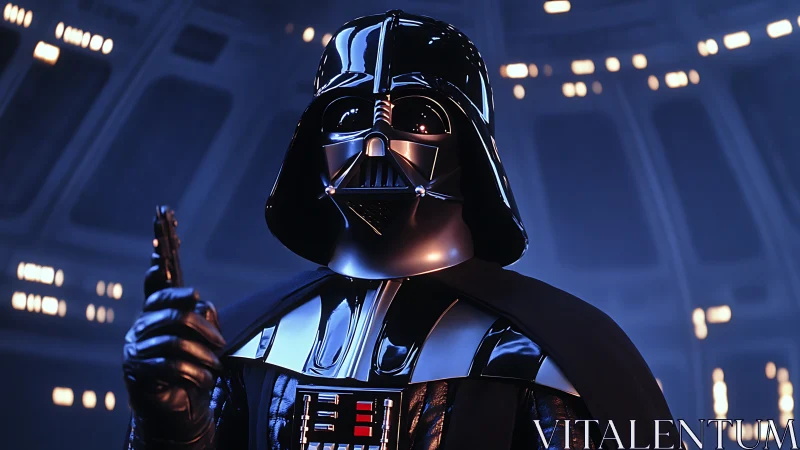 Highly reflective black armor and helmet under cool cinematic lighting