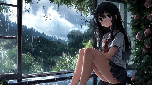 Schoolgirl sits by rainy window overlooking lush valley