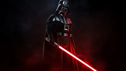 Armored dark figure with red energy blade dominates void space